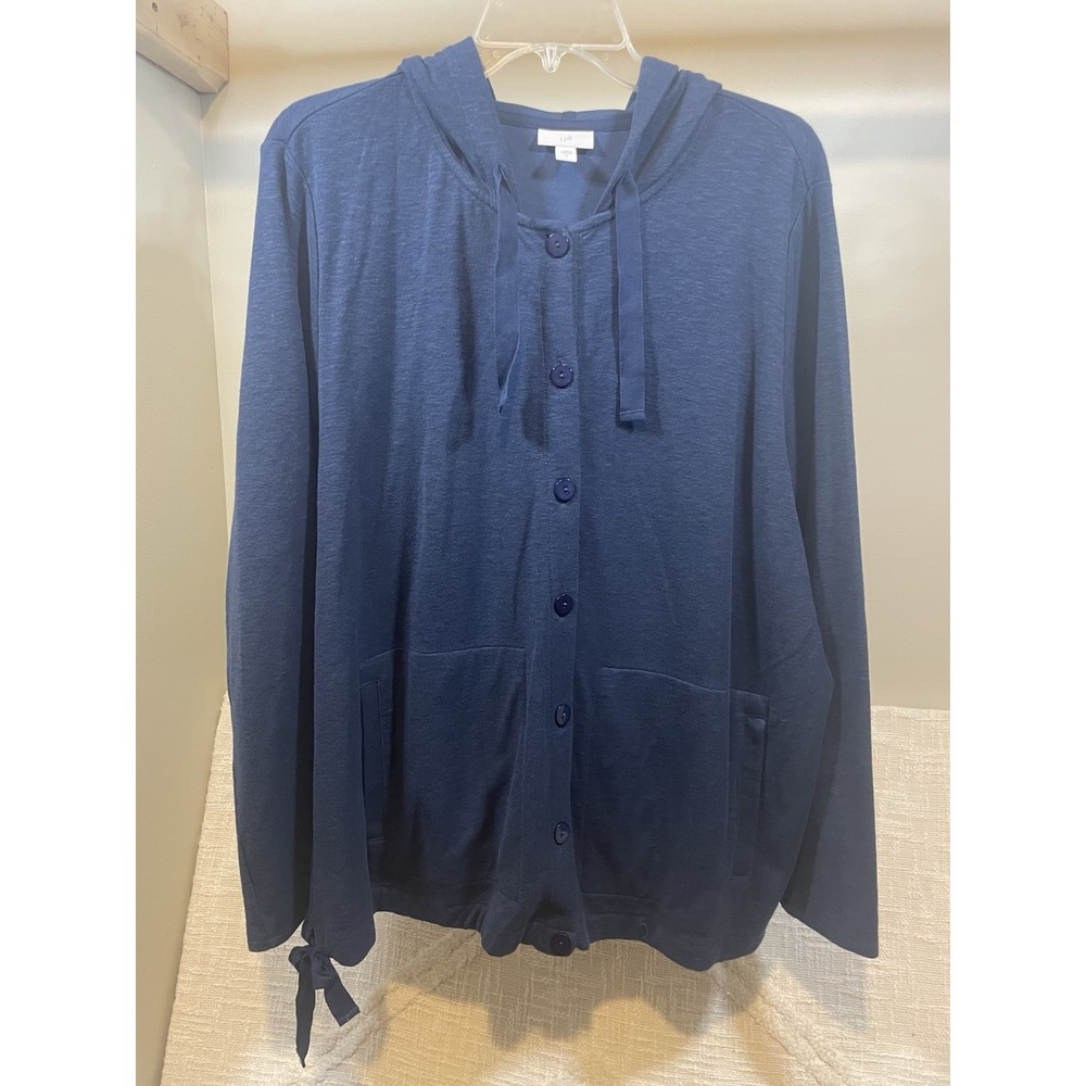 J. Jill Navy Blue Cotton Linen Slub Button Front Hoodie Jacket Women XL Tie Hem